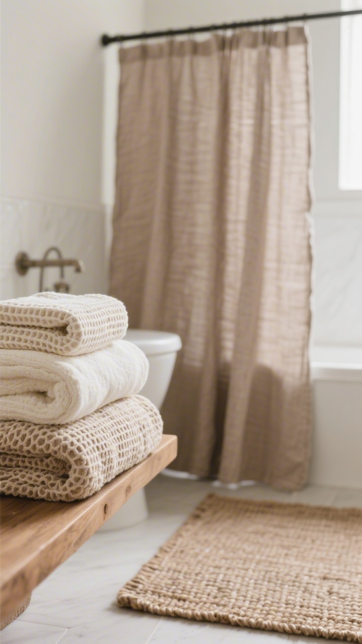 Closeup of layered bathroom textiles: cream and sand waffle-knit towels stacked on a wood shelf, a linen shower curtain in soft taupe hanging in the background, and a flat-woven rug in neutral tones placed just outside the splash zone with a trimmed rug pad peeking subtly; tactile weave details in soft, cozy lighting, straight-on crop.