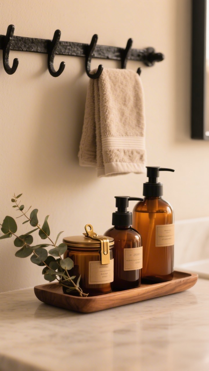 Detail closeup of finishing touches: forged matte black hooks holding neutral towels, matching amber glass refillable soap and lotion dispensers on a small wood tray, and a discreet bundle of eucalyptus for a subtle scent; warm brass label clips on jars, soft warm lighting, shallow depth of field emphasizing textures and labels.
