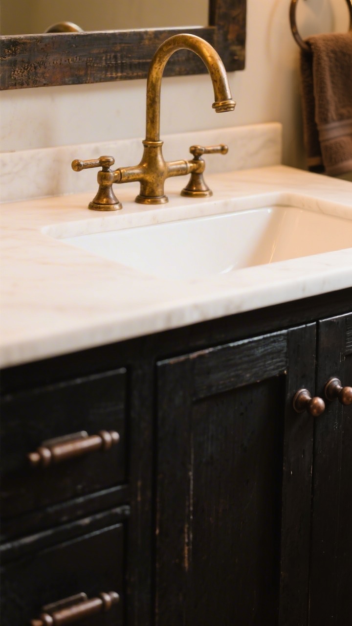 Detail closeup of warm metal finishes: an aged brass bridged faucet over a white sink, oil-rubbed bronze towel bar nearby, and blackened steel cabinet pulls on a rustic vanity; show gentle patina and mixed-metal pairing (brass with black) under warm 2700K lighting; shallow depth of field emphasizing metal texture and finish variation.