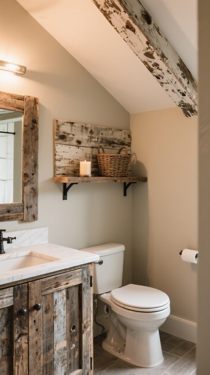 Medium shot focusing on reclaimed and faux-reclaimed elements: a DIY vanity with aged wood panel doors, a weathered wood wall ledge behind the toilet holding a basket and candle, and a lightweight faux ceiling beam adding character; visible distressed finishes and weathered stains, all sealed for humidity; neutral walls, warm ambient lighting, slight upward corner angle to include the beam.