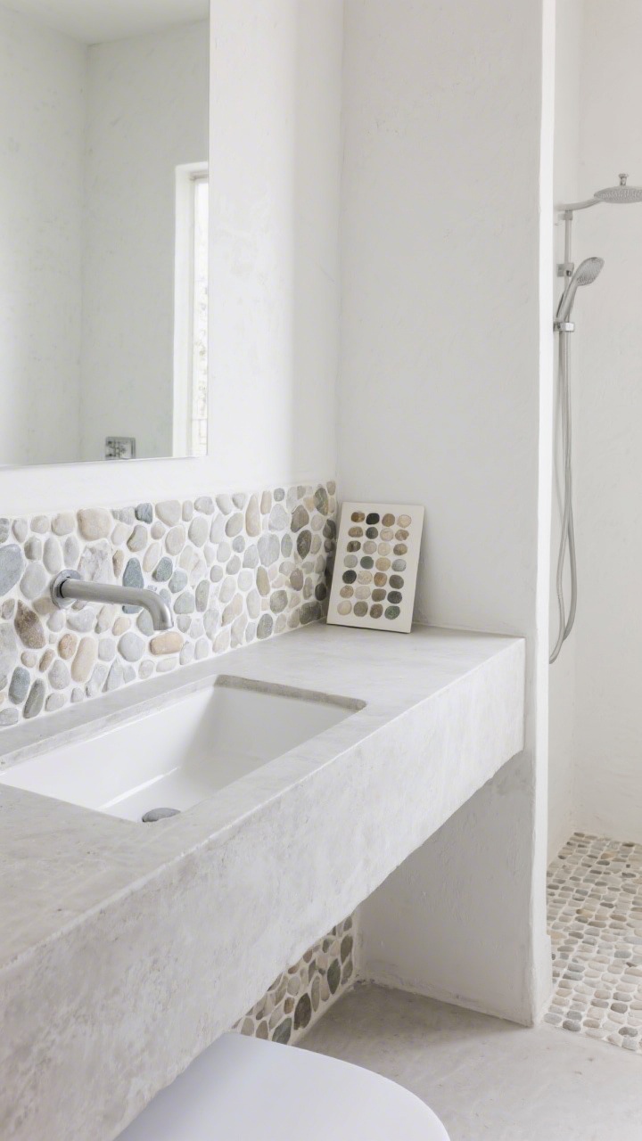 Medium shot of a bright bathroom vanity area with light microcement walls, a peel-and-stick stone backsplash behind the sink, and a concrete-look countertop done with heat-resistant contact paper; add a pebble tile sample board resting on the counter hinting at a spa-like shower floor; airy palette with whites and pale greys so textures pop, diffuse daylight, slight corner angle to reveal surface depth.