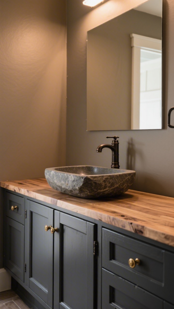 Medium shot of a smart vanity refresh: base painted in warm charcoal with shaker-style doors and new brass hardware, topped with sealed butcher block; a stone or ceramic vessel sink sits on top for rustic drama, paired with a dark-finish faucet; subtle taupe wall behind; warm 2700K lighting, straight-on framing to highlight upgrades.