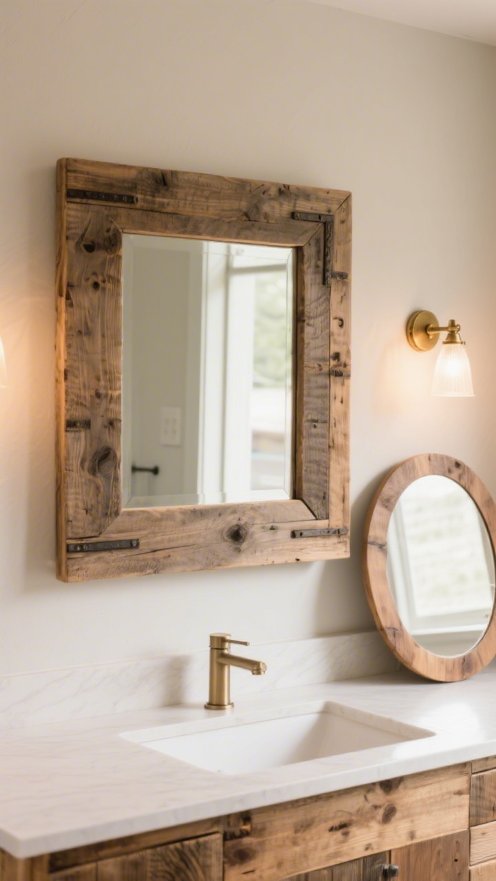 Medium shot of a vanity wall centered on a thick, rustic wood-framed mirror in reclaimed barnwood, paired with a simple single brass sconce to one side; include DIY-style frame details with visible joinery, alternate option shown as a round wood mirror leaning nearby; neutral wall, subtle warm lighting (2700–3000K), minimal styling on the counter, straight-on composition that makes the mirror the focal point.