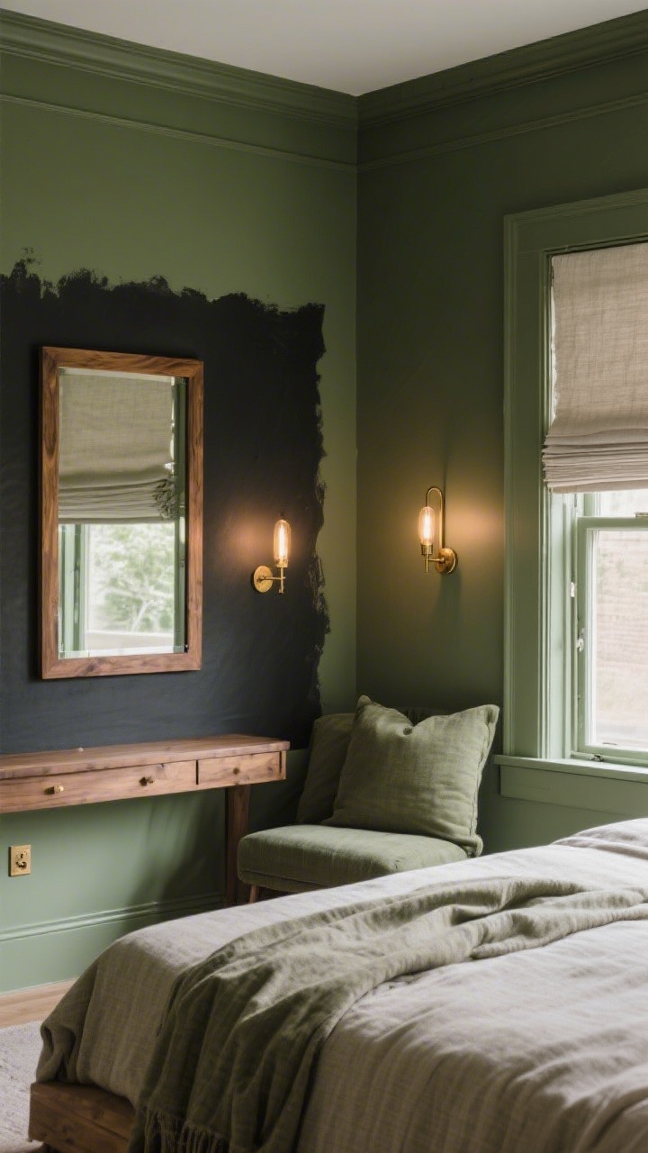 Medium shot of an earthy paint scheme: walls in sage green with brass hardware and an oak-framed mirror; complementary greige textiles and a linen window shade; optional charcoal-painted accent panel behind the mirror; moody yet grounded atmosphere with warm bulbs (2700–3000K), straight-on composition that showcases the color pairing harmony.