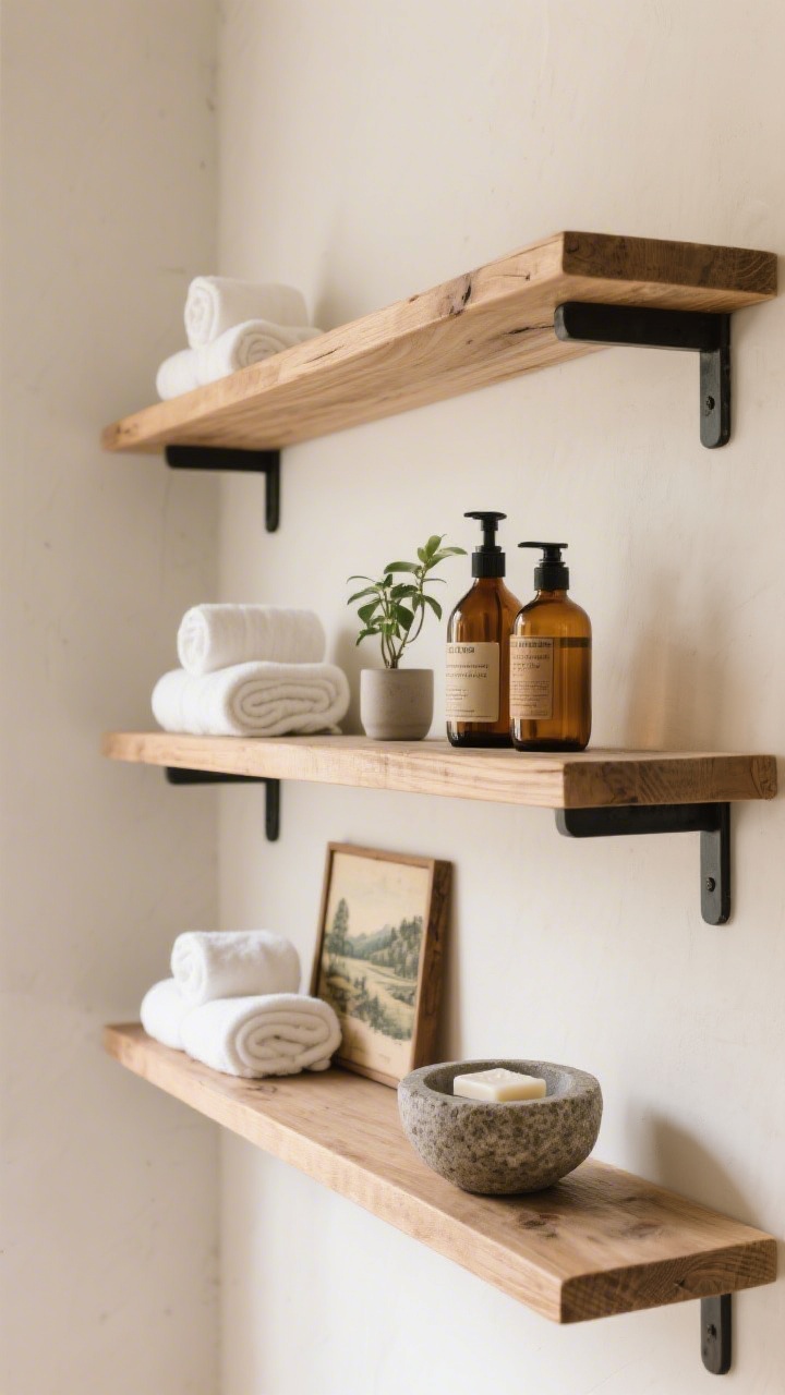 Medium shot of open shelving: thick, natural wood plank shelves with sturdy black brackets; curated display of three to five items per shelf—rolled white towels, amber bottles with labels removed, a small plant, a vintage landscape art piece, and a stone bowl with soap; light neutral wall backdrop, soft daylight, straight-on view emphasizing balance and spacing.