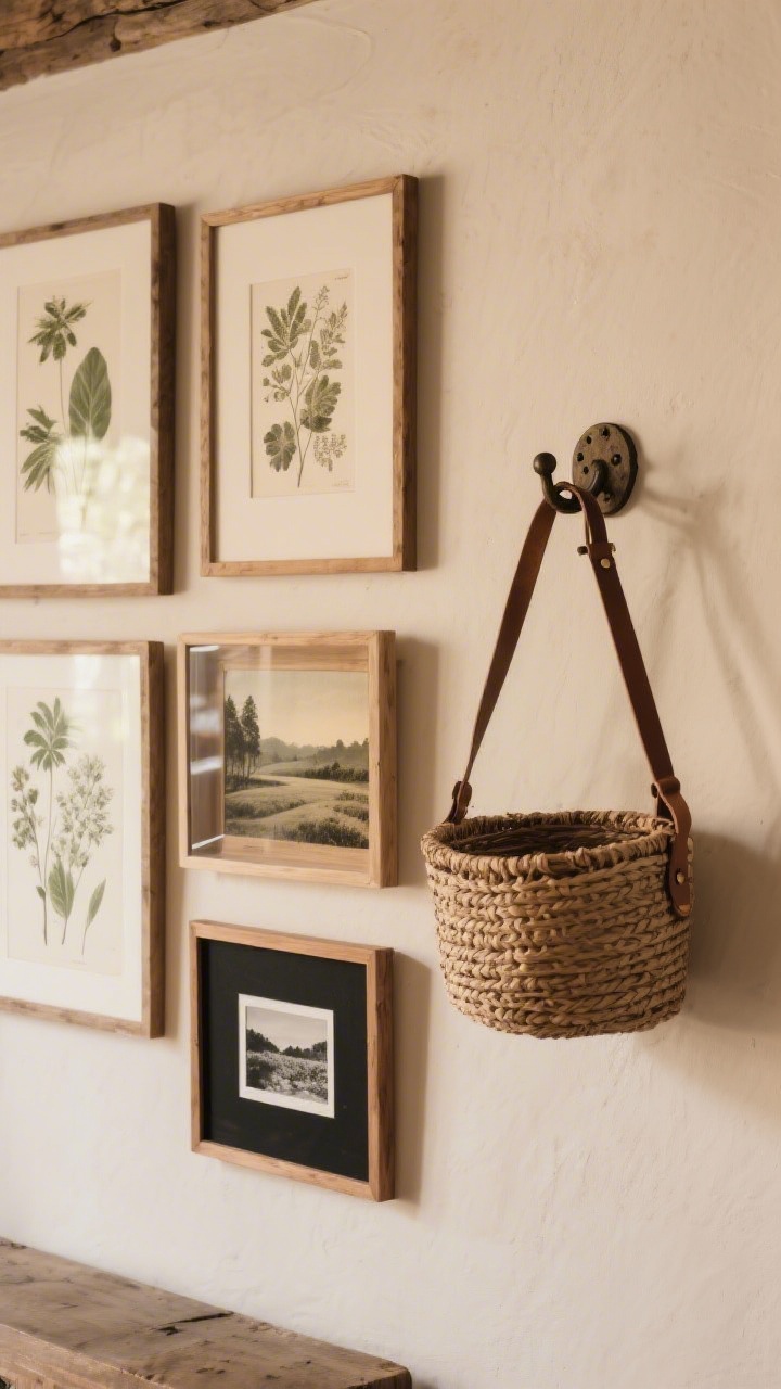 Medium shot of rustic art and wall decor: a gallery of botanical prints, a small vintage landscape, and a black-and-white photo in simple wood and black frames with sealed plexiglass; a wall hook and hanging woven basket combo adds sculptural storage; leather hanging straps on one frame; neutral wall, warm light, straight-on arrangement.