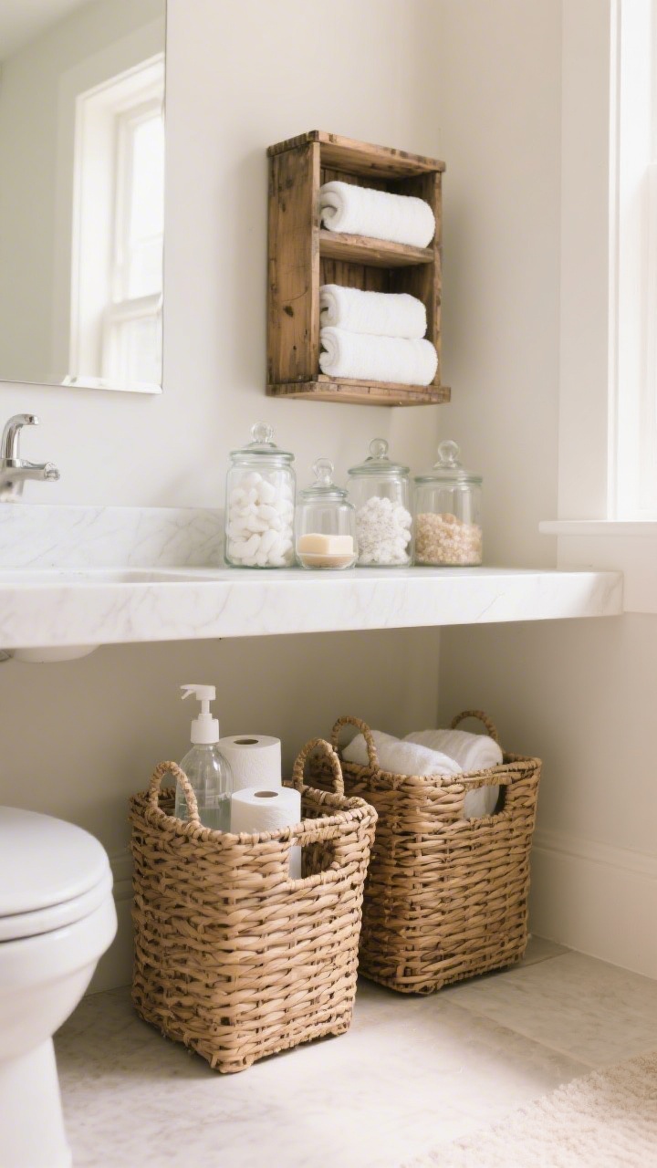 Medium shot of styled storage: woven baskets under a vanity corral toilet paper and cleaners, clear glass apothecary jars on a shelf holding cotton rounds, bath salts, and soaps, and a vintage wood crate mounted as a small shelf with rolled white towels; natural color palette, light walls, gentle daylight from the side, slight corner angle to show organization.