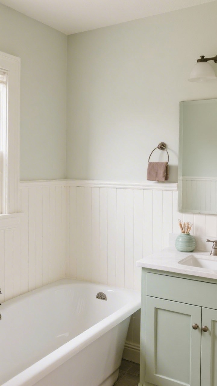 Wide shot of a renter-friendly shiplap/beadboard feature wall behind a vanity: paintable beadboard wallpaper installed half-height with a chair rail, finished in warm white semi-gloss; pale sage accessories and taupe accents for upscale-cottage vibes; include a tub edge in frame; clean lines and subtle sheen for easy cleanup, straight-on view highlighting the linear texture.