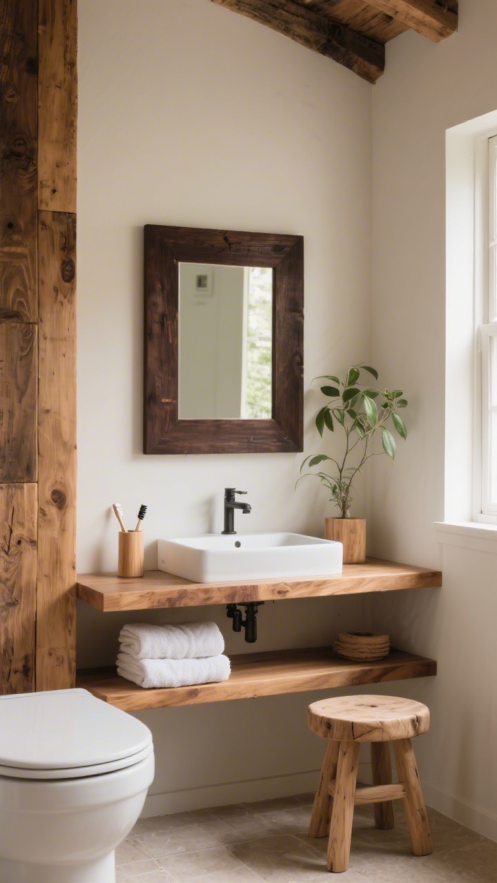 Wide shot of a small rustic bathroom showcasing mixed woods: a dark walnut-framed mirror above the sink, a medium-tone oak floating shelf with folded towels and a small plant, and light pine accessories like a stool and toothbrush holder; balanced warm tones, light neutral walls, sealed wood surfaces with a subtle satin sheen, soft natural morning light from a side window, straight-on perspective to emphasize curated contrast without chaos.