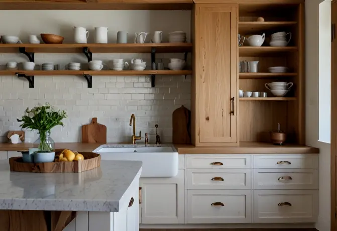 2. Rustic White Oak Cabinets with Open Shelving