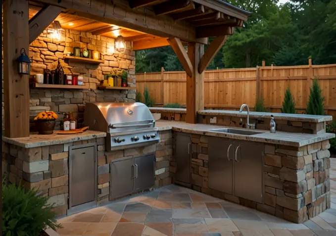 Rustic Outdoor Kitchen with Stone Accents