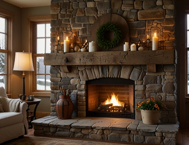 Stone Fireplace with Reclaimed Wood Mantel