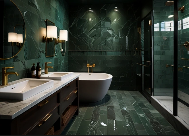 Dark Green Tiles with Marble Countertops