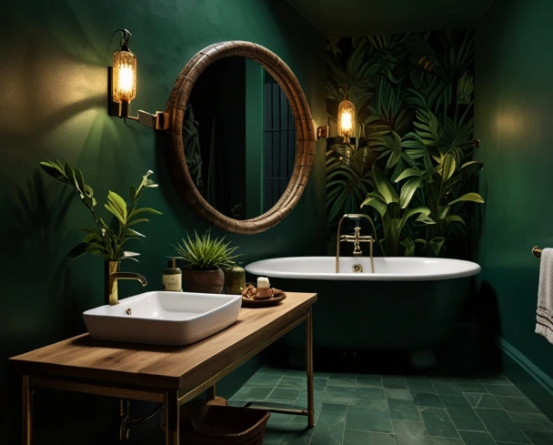 Jungle-Inspired Dark Green Bathroom