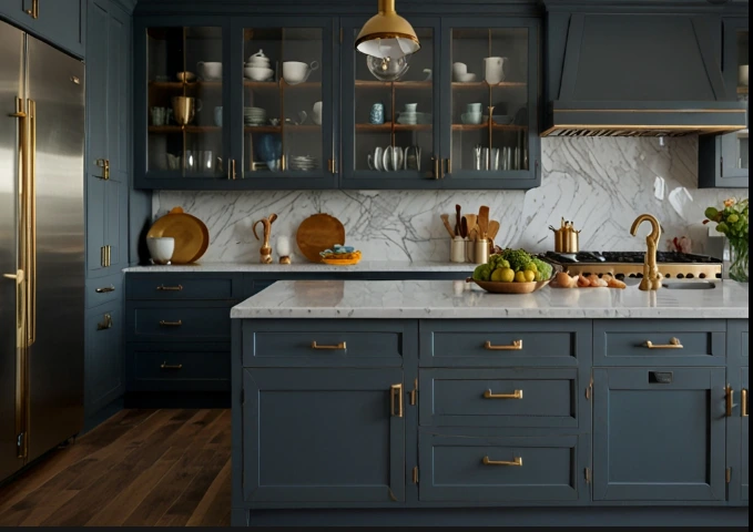 Blue-Gray Cabinets with Gold Hardware