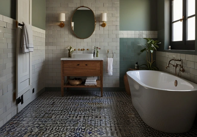 Subway Tiles + Patterned Floor