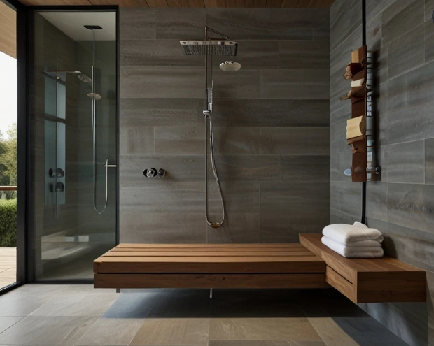 Showers With Teak Benches Now Come With Nearly Invisible Drains