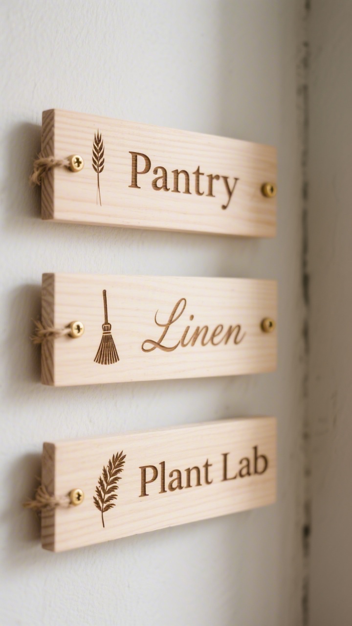 A close, straight-on detail shot of three rectangular basswood nameplates: “Pantry” in serif, “Linen” in script, and “Plant Lab” in clean block; tiny icon etchings—a wheat stalk, a broom, and a fern—beside each word; one mounted with twine, two with brass screws; even natural light highlighting the smooth burn on pale wood