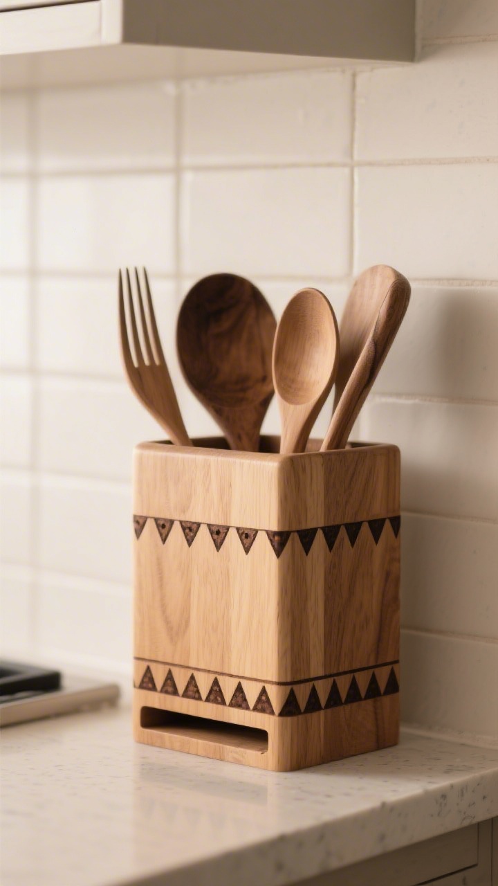 A closeup, side view of a wooden utensil holder and spoon rest with a neat exterior band of repeated burned triangles and dots; interior surfaces left untouched; subtle satin seal suited for kitchen humidity; softly lit countertop scene with neutral tiles, focusing on the texture of the clean, rhythmic pattern