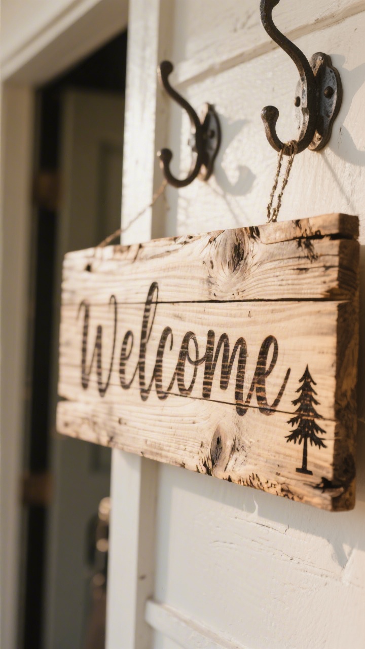 A closeup, straight-on shot of a reclaimed barn wood “Welcome” sign with imperfect, rugged edges, hand-burned calligraphy-style lettering using thick-and-thin strokes, tiny pine tree motif in the corner, finished in matte poly; warm natural daylight grazing the wood grain to emphasize scorched lines and rustic texture, blurred entryway background with iron hooks