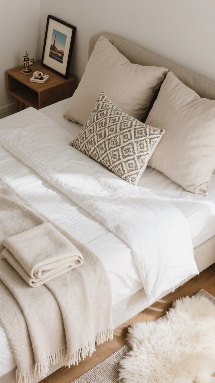 A detail, overhead shot of soft decor layering on a made bed: one patterned pillow paired with two solid pillows for balance, a neatly folded throw at the foot, and a small sheepskin or cotton mat placed beside the bed. A framed postcard and a small travel trinket on the nightstand add personality without clutter, photorealistic.