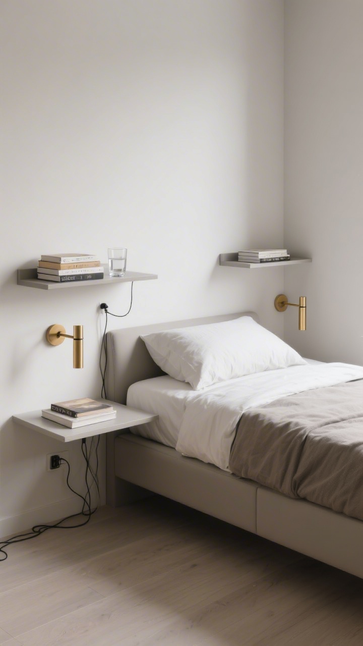 A medium corner view showing a compact bed flanked by wall-mounted floating shelves as nightstands, each with a slim brass sconce above. One shelf holds a small stack of books and a glass of water; discreet cable clips keep cords tidy against the wall. Clean lines, open floor space, and modern minimal styling, photorealistic.