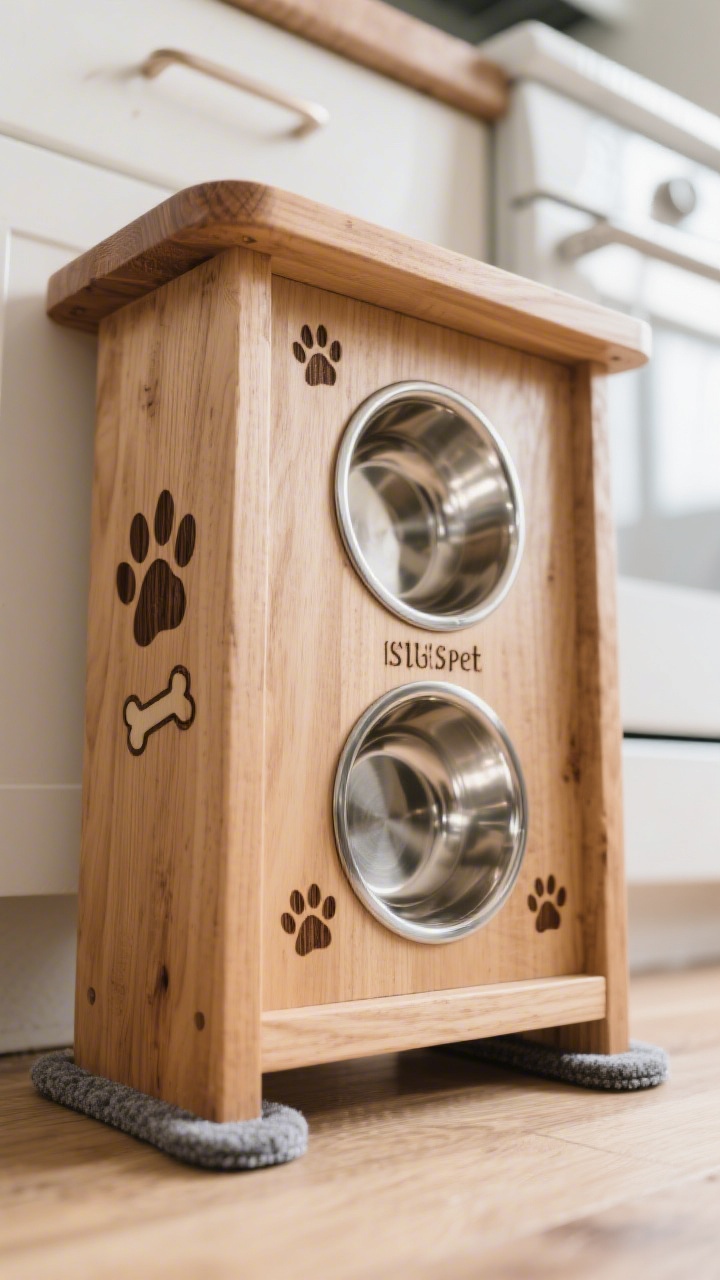 A medium, low-angle shot of a wooden pet bowl stand with two recessed circular openings, burned name and small paw prints and bone icons along the exterior sides; water-resistant finish; felt pads discreetly visible on the feet; soft kitchen daylight, stainless bowls resting snugly in place
