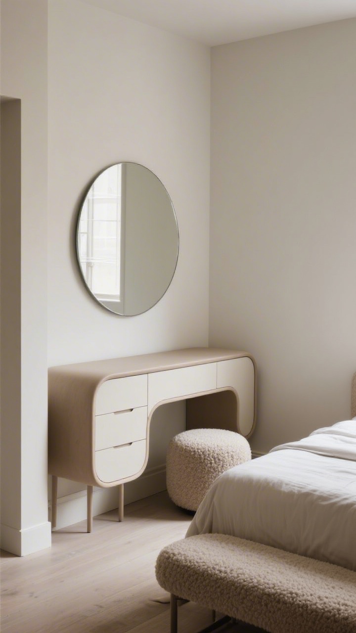 A medium shot highlighting scaled-down curved furniture: a petite narrow dresser with rounded edges, a bouclé ottoman at the foot of the bed instead of a heavy bench, and a round mirror above reflecting light. Slim profiles, soft curves, and airy spacing in a small room, photorealistic.