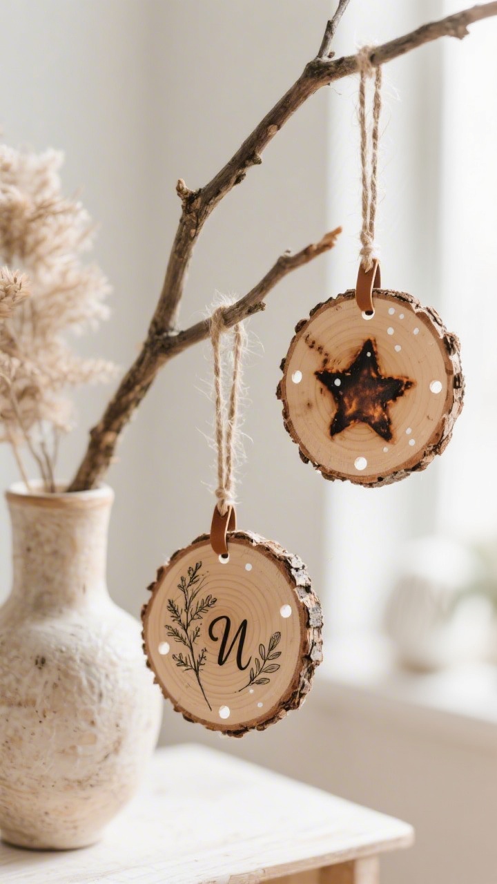 A medium shot of boho-rustic round wood-slice ornaments with bark edges, hanging from a branch-in-vase display: burned stars, botanical sketches, and initials; clean drilled holes threaded with jute and leather cord; tiny white paint dot accents contrasting against warm burn marks; bright but soft daylight for a year-round decorative vignette