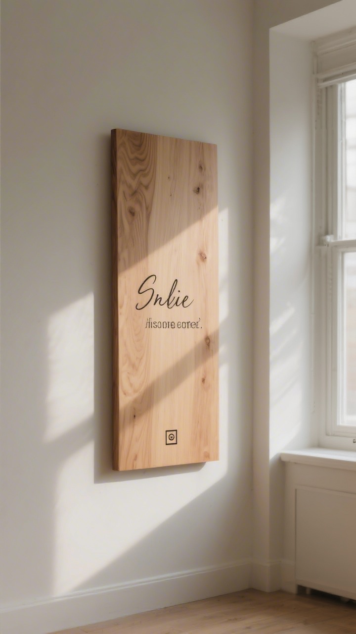 A medium, straight-on shot of a slim wood board with a short, punchy quote under ten words, balanced with two fonts (script and sans serif), ample negative space, and a tiny border icon; smooth, evenly burned curves; natural window light accentuating grain and crisp lettering against a minimal wall