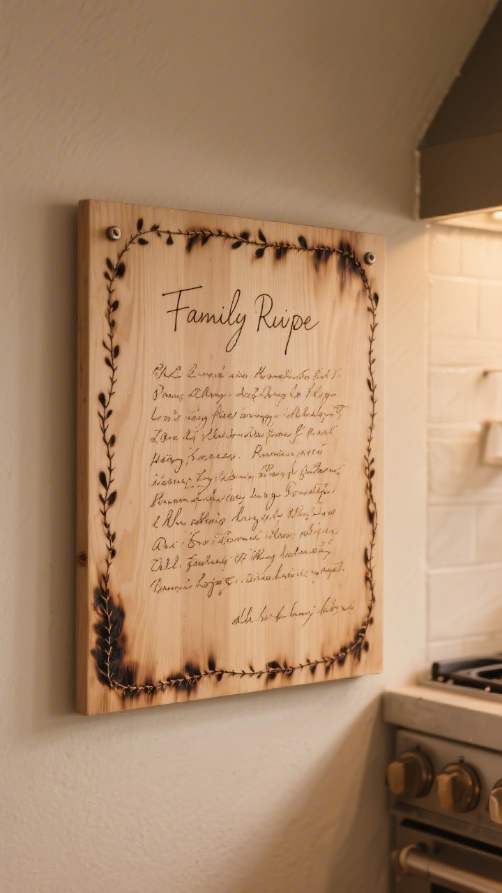 A medium, straight-on shot of a smooth wood plaque displaying a burned handwritten family recipe, lettering transferred cleanly to preserve authentic script; consistent line spacing with faint border of stitched corners and a simple vine; warm kitchen wall backdrop, subtle side lighting bringing out the scorched sepia tones, small frame hardware visible