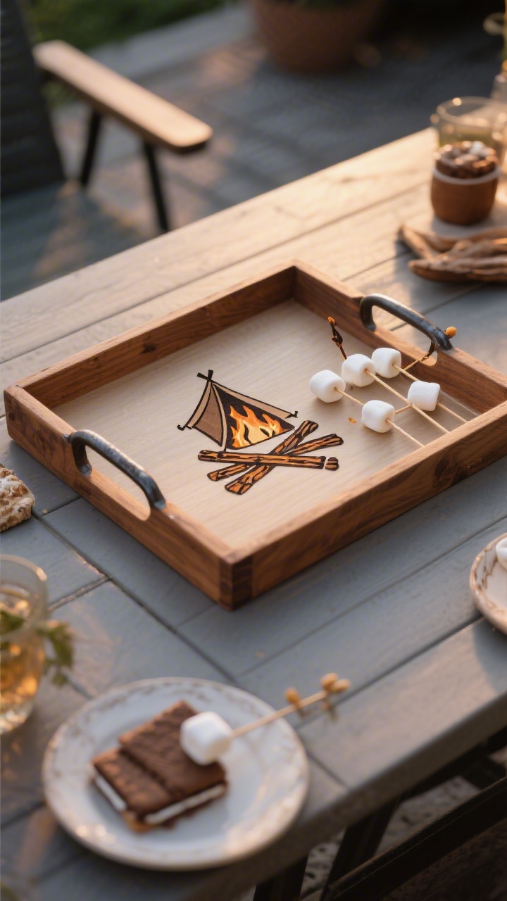A medium, top-down three-quarter shot of a wooden serving tray: base design of campfire motifs—crossed sticks, a tiny tent, and marshmallows on skewers—burned lightly at the perimeter with a simple center for easy cleaning; iron handles on each side; durable poly finish catching soft evening light on a patio table set for s’mores
