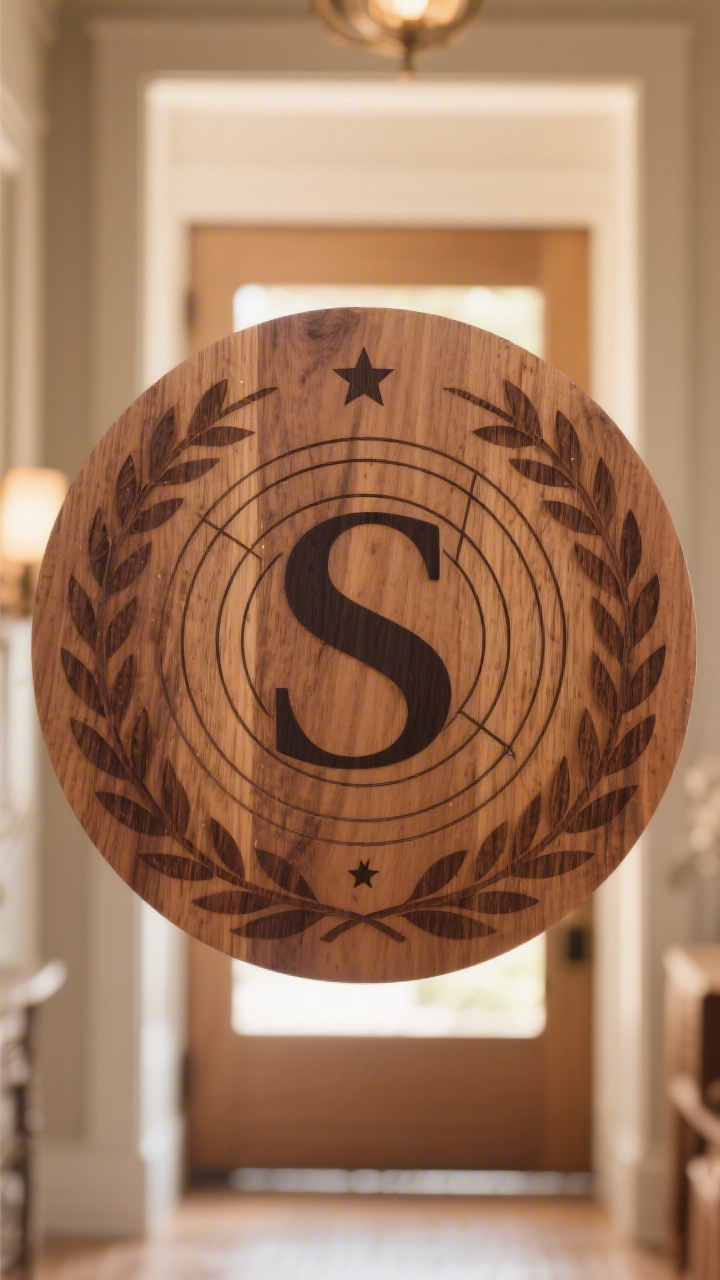 A straight-on, centered shot of a round wooden plaque featuring a layered monogram: faint geometric rings and a laurel wreath burned in the background, a bold dark initial overlaid, and tiny star and leaf accents around the edge; rich contrast in a warm entryway with diffused front-door light