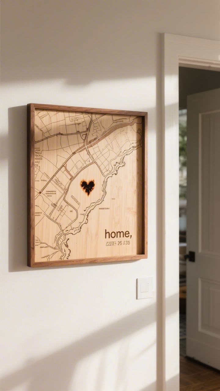 A straight-on, framed shot of a wood map plaque showing simplified shorelines and major streets of a beloved place; a tiny burned heart marking “home,” with one selective label or coordinates; clean transferred lines, warm natural tones; hung near an entryway with soft afternoon light and subtle shadowing for depth