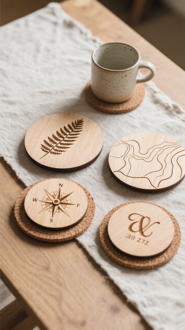 A tabletop, overhead shot of a mixed set of four wood coasters: line-art fern, minimalist topography contour lines, a small compass, and initials with a date; light, controlled burns for clean outlines; sealed surface with tiny cork pads beneath; soft morning light, ceramic mug nearby on a linen runner for cozy rustic mood