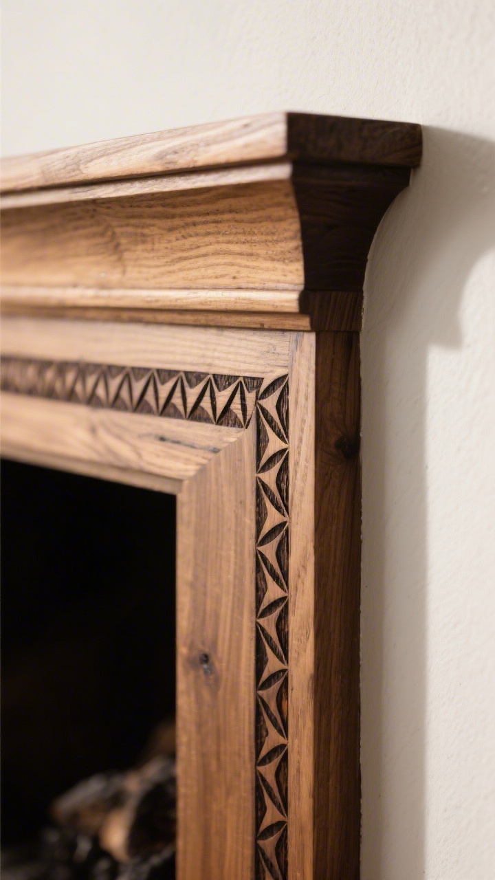 A tight, angled closeup along the edge of a natural wood mantel showing a precise burned border pattern: alternating tiny triangles repeating cleanly; crisp lines with a sealed finish to prevent soot transfer; gentle side lighting creating shadows that emphasize the etched geometry against the grain