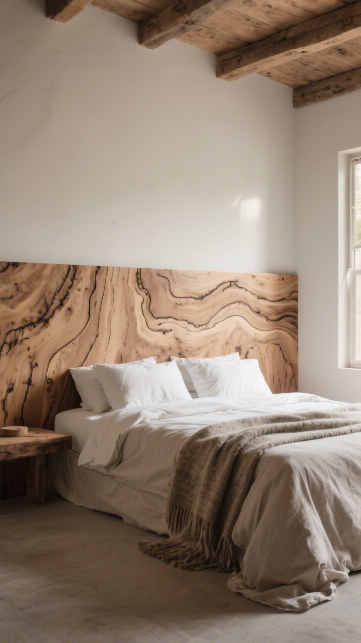 A wide bedroom shot of a natural wood headboard covered in gentle, flowing topographic burn lines; varied spacing to create light and dark zones; satin-sealed finish for a refined, non-glossy look; linen bedding and a wool throw completing the rustic-minimal mood under calm morning light