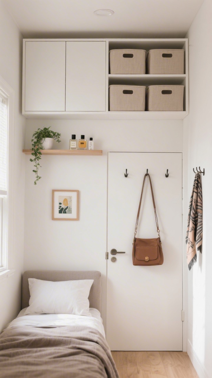 A wide vertical composition of a tiny bedroom wall going up: a ceiling-height wardrobe with matching storage bins on the top shelf, narrow shelves mounted above the headboard holding a small plant, perfume bottles, and a framed mini artwork, plus hooks on the back of the door for bags and scarves. Bright, organized, and space-maximizing, photorealistic.