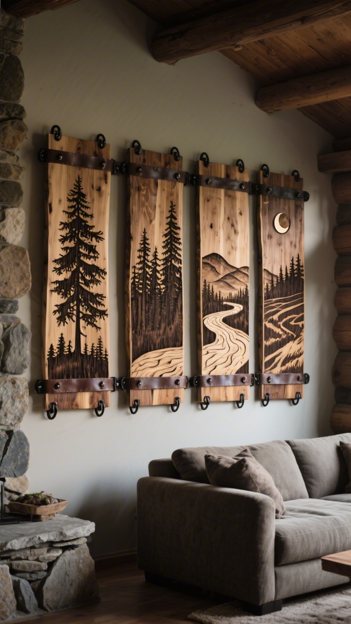 A wide wall view of a gallery set of 4 wood-burned panels featuring forest silhouettes: tall pines, low hills, a winding river, and a tiny moon; varied burn intensity for depth and shading; mounted with leather straps and black iron brackets; moody, diffused afternoon light in a cabin-style living room with stone accents