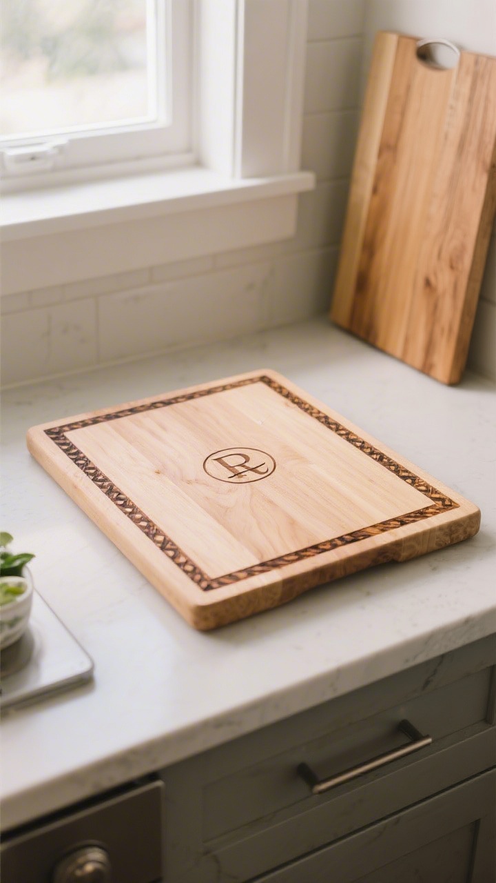 An overhead, detail shot of a maple cutting board with a minimal monogram and a thin burned border pattern framing the rim, center left smooth for food prep; subtle sheen from food-safe mineral oil deepening the contrast of the burn; neutral kitchen counter with soft window light and a beech board partially visible beside it