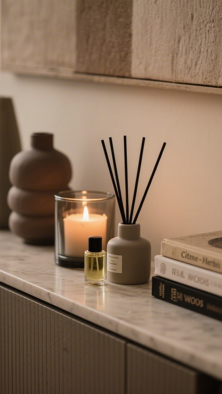 Closeup detail of a subtle scent story on the console: a smoked glass hurricane with a lit candle, a matte ceramic reed diffuser with slim black reeds, and a tiny oil diffuser tucked near a stack of books; scent notes implied via labels—citrus-herbal and soft woods; vessels in colors that blend with decor; warm, low lighting for a welcoming first whiff.