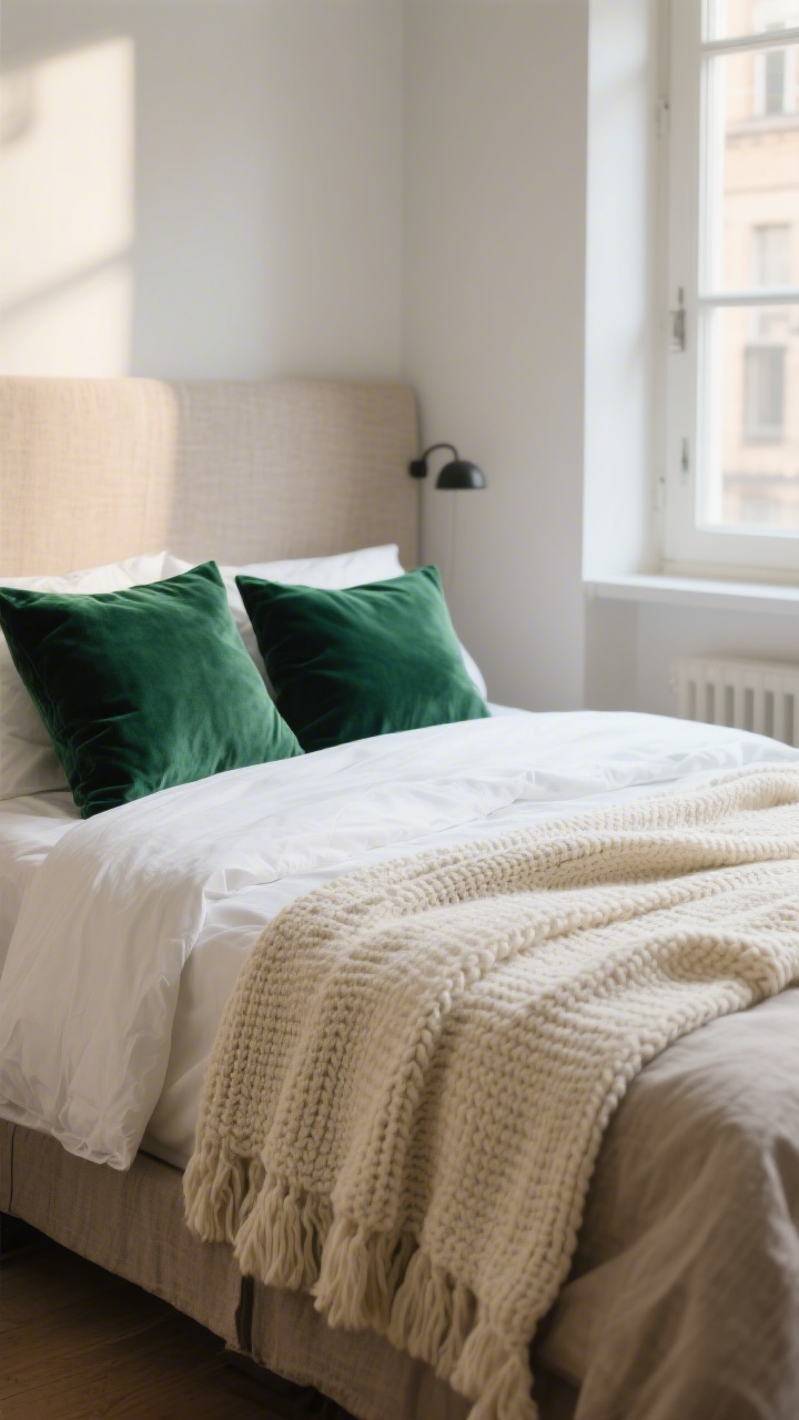 Closeup detail shot: a small apartment bed styled with layered textures—natural flax linen sheets, crisp white cotton duvet, a chunky cream knit throw at the foot, and two deep emerald velvet accent pillows; tight palette of warm neutrals with one accent color (emerald); soft morning window light skimming the fabrics to highlight weave and pile; focus on 3–4 distinct textures with shallow depth of field; no clutter, boutique-hotel vibe.