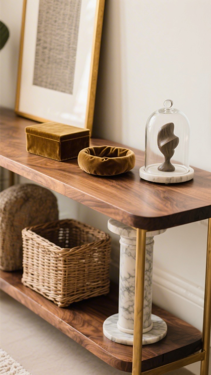 Detail closeup at table height showcasing layered textures: a wood console top paired with a small marble pedestal, brass picture frame, and a wicker basket tucked below; on the surface, a velvet box and a suede catchall sit beside a glass cloche encasing a tiny sculptural object; mixed smooth, rough, soft, and shiny textures limited to 3–4 materials, with brass repeated twice; soft indirect daylight emphasizes surface tactile quality.