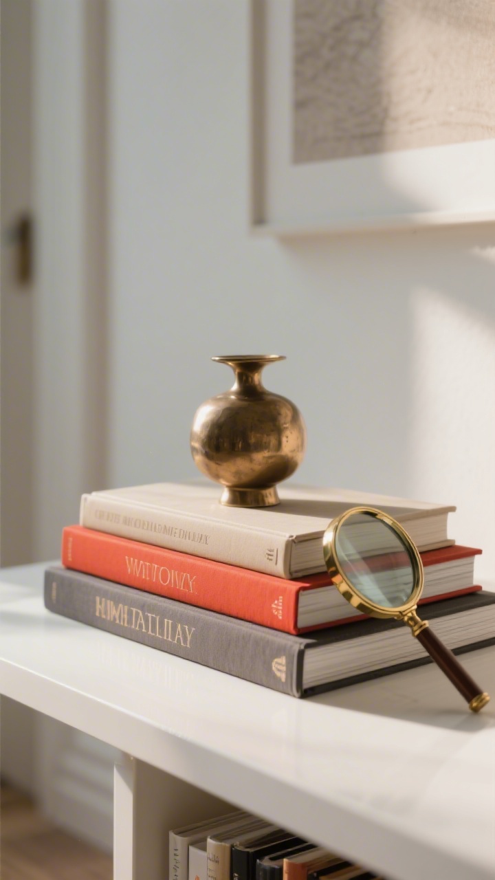 Detail closeup of a neat stack of coffee-table books for the entry: 3 books in descending size with thoughtfully colored spines (mostly neutrals with one bold accent), topped with a small bronze object; a magnifying glass rests beside; negative space left around the stack to avoid crowding; soft morning light grazing the book edges; the scene invites seasonal rotation of titles.