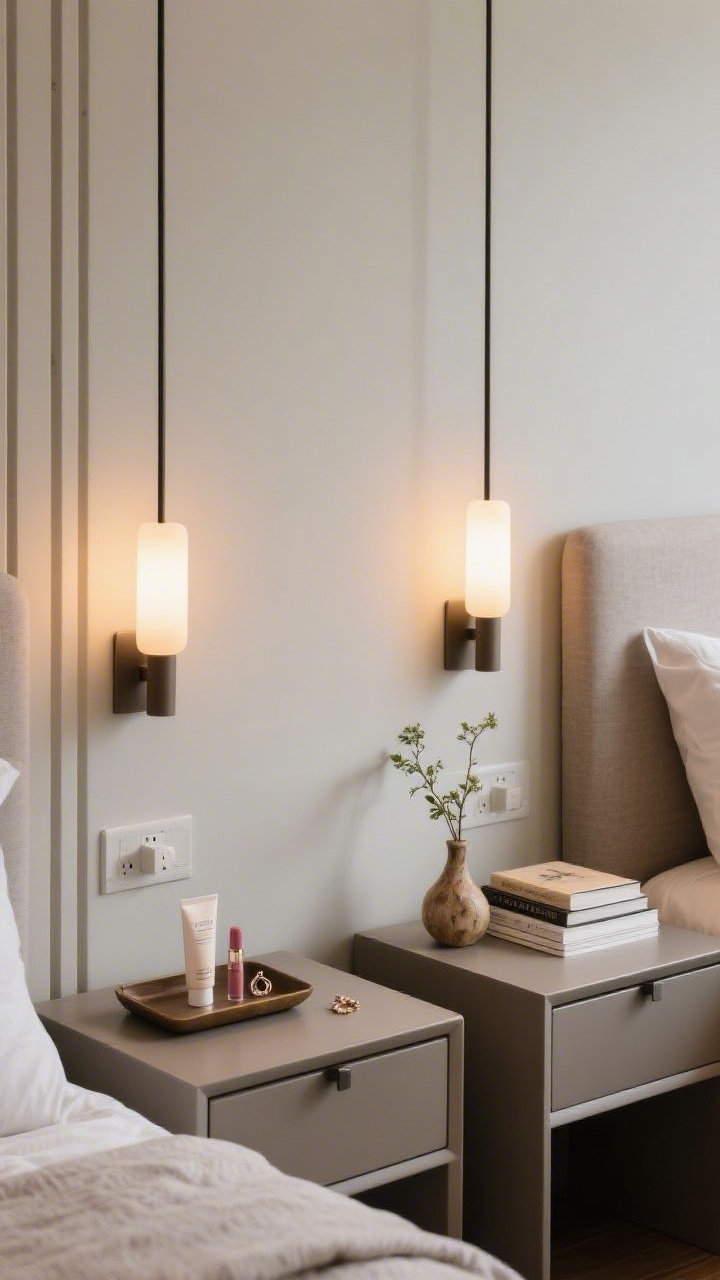 Medium shot focusing on both nightstands as mini styling zones: slim wall-mounted plug-in sconces with warm bulbs free up tabletop space; on one nightstand, a small tray corrals hand cream, lip balm, and a single earring; on the other, a pairing of one organic element (tiny bud vase with a sprig) and one structured element (stacked books); cohesive color palette echoing bedding; vertical lines from sconce and headboard create height; intimate, task-light glow.