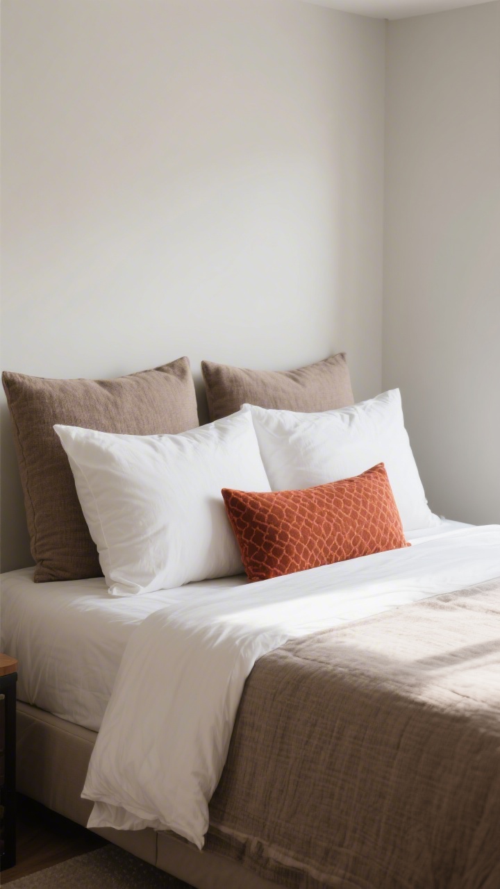 Medium shot from a corner angle: a full/queen bed against a neutral wall showcasing the pillow strategy—2 standard pillows in white cases, 2 oversized euro shams in textured taupe, and 1 bold statement lumbar in rust with subtle pattern; pillows fluffed (no dramatic karate chop), symmetrical arrangement; soft, diffused afternoon light; minimal bedding visible to keep emphasis on scale and symmetry of the pillows; small-space bedroom context with clean lines.
