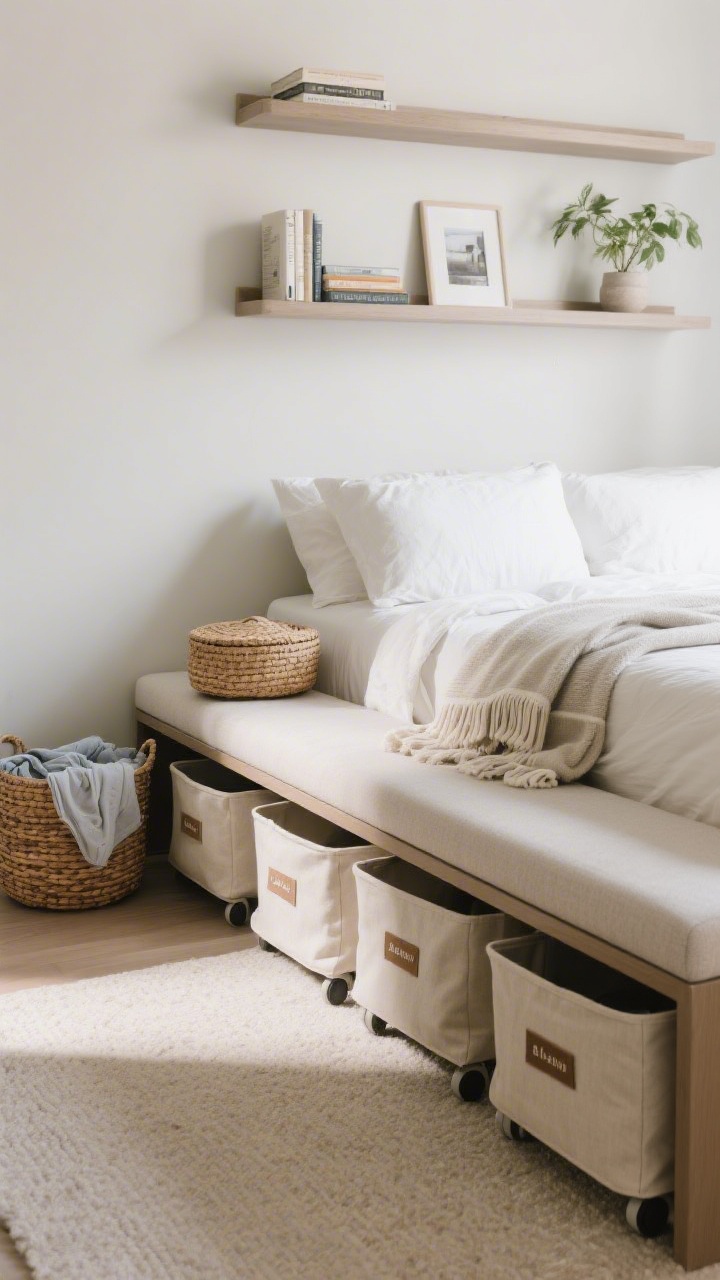 Medium shot from a low corner perspective focusing on styled storage: under-bed low-profile rolling bins with tailored fabric covers and discreet labels; a slim upholstered bench with hidden storage at the foot of the bed, topped with a neatly folded throw that matches the bedding palette; floating shelves above with a curated trio—2–3 books, a small framed photo, and a petite plant; a lidded woven basket nearby for PJs and blankets; calm, organized mood in soft natural light.