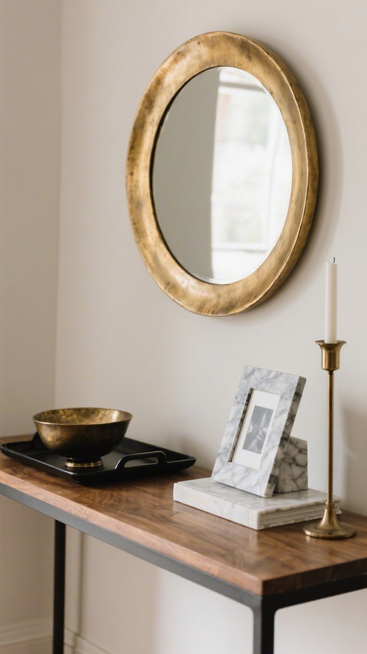 Medium shot highlighting mixed metals and finishes: a brass-framed round mirror, black iron tray, nickel photo frame, and a marble bookend on a wood console; aged brass repeats in a small bowl while black iron appears again in a slim candlestick; subtle play of matte and glossy within the brass elements for depth; soft side lighting to catch reflections without glare.