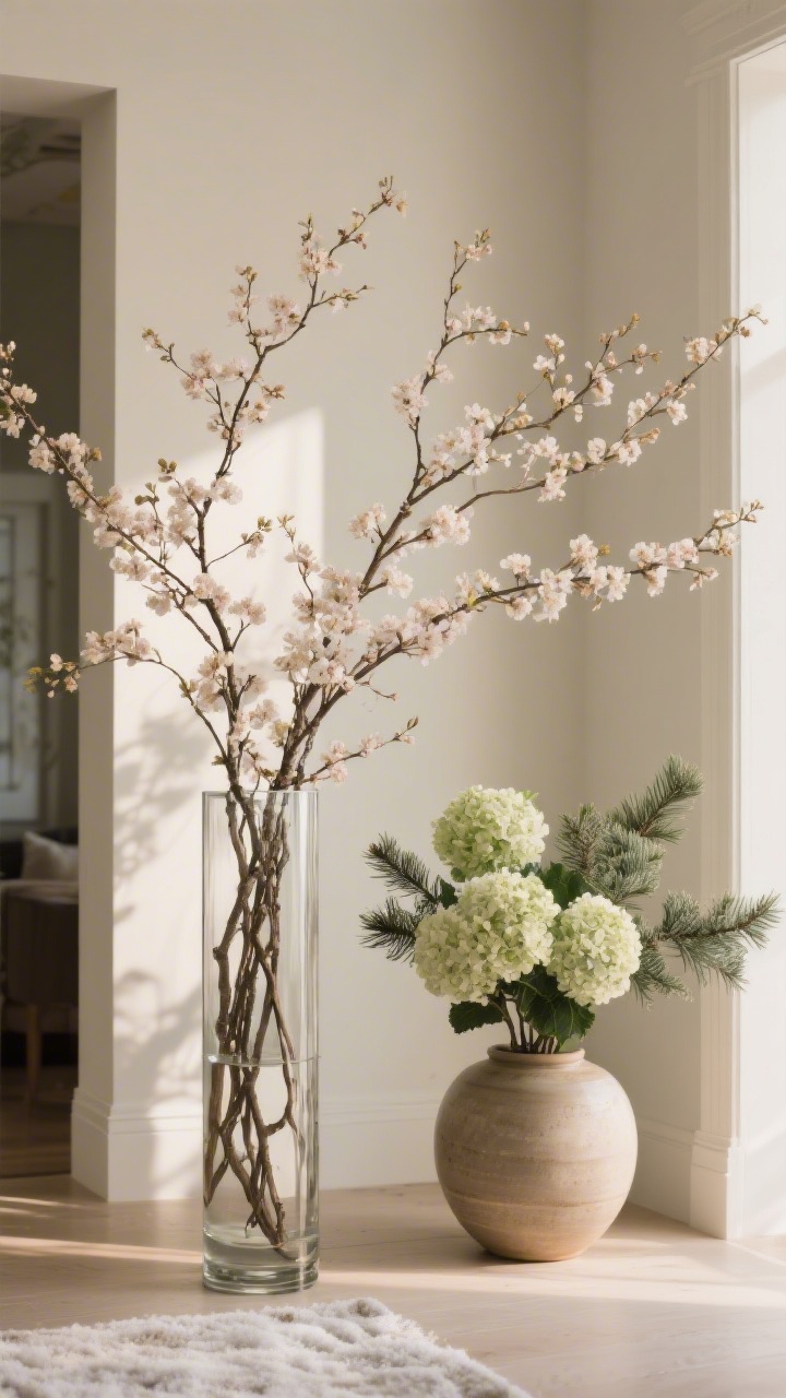 Medium shot of a foyer vignette centered on branches and flowers: a tall cylindrical glass vase with airy spring cherry blossom branches arranged asymmetrically, higher on one side for movement; alternate view features summer hydrangeas in a rounder ceramic vase; clean backdrop, warm daylight; stems bent naturally, high-quality faux or dried botanicals available for a winter version with evergreen clippings in the same spot.