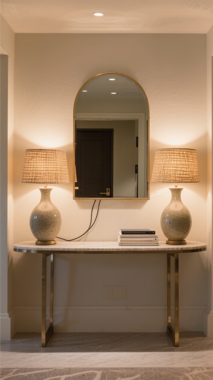 Medium shot of an entry console styled with lighting: a pair of ceramic gourd lamps with rattan shades flanking a centered arched mirror, warm bulbs at 2700–3000K casting a cozy glow; cords neatly clipped behind; on one side, a slim stack of books balances a single lamp; finishes mix linen shades, ceramic bases, and slim metal accents for a hotel-lobby symmetry feel without being sterile.